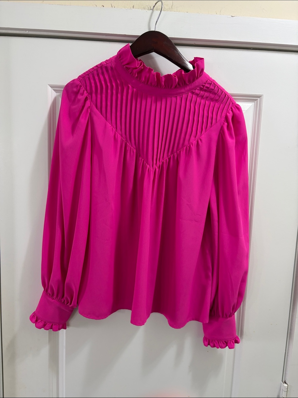 New!! Crosby Women’s Ruffled High-Neck Blouse - Hot Pink large